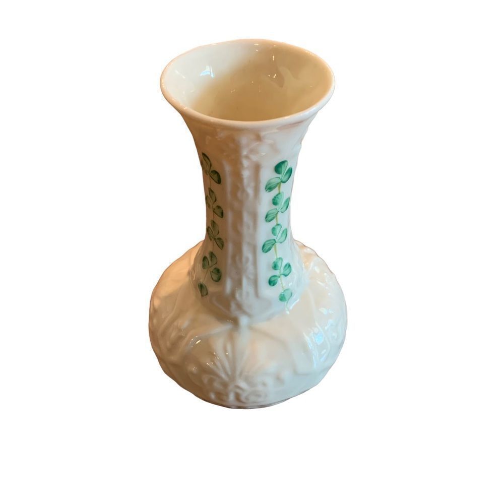 Vintage Belleek Bud Vase Ireland Pottery 3 Leaf Clover